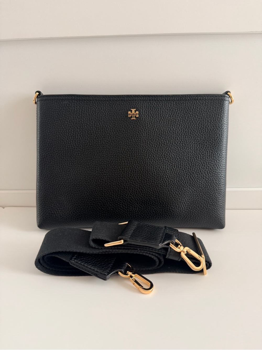 Tory Burch Black Pebbled Leather Crossbody with Gold Logo